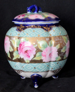 Antique Nippon Footed Biscuit Cookie Jar With Lid Cabbage Rose Heavy Gold Beaded