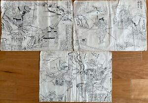 Japanese Meticulous Line Drawing Figure Painting Late Meiji Period Set Of 3
