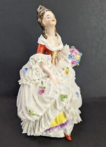 Dresden Lady Lace Dress Figurine Flowers Peekaboo Foot Marked Antique Porcelain