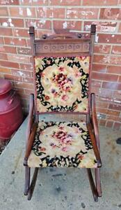 Antique Folding Rocking Chair Wool Floral Handmade Seat Back Carved Wood Accents