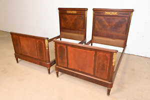 Antique French Regency Louis Xvi Inlaid Flame Mahogany Bronze Mounted Beds Pair
