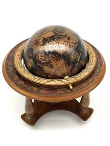 Vintage Italian Wooden Globe With Astrological Signs In Walnut Cradle