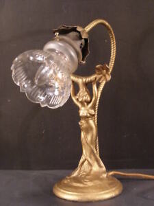 1900 Art Nouveau Figural Girl Woman Lady Desk Lamp Light Cut Glass Flower Shade 