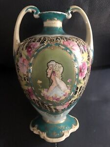 Antique Nippon Enameled Hand Painted Portrait Vase 2 Handles 9 Tall
