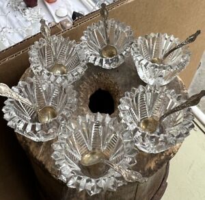 Antique Cut Glass Salt Cellar Set 6 W Sterling Silver Spoons Hollywood Regency