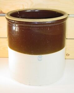 Antique Large Stoneware Crock 6 Gallon Size Brown And White Very Heavy