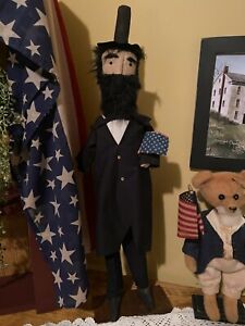 Early American Colonial Primitive Patriotic Americana Abe Lincoln Doll W Flag