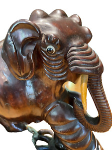 Vintage Chinese Carved Wood Elephant On Black Wood Stand 9 5 H X 12 W X 5 D