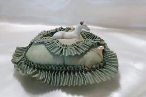 Antique Pincushion Porcelain Whippet Greyhound Dog On Sewing Silk