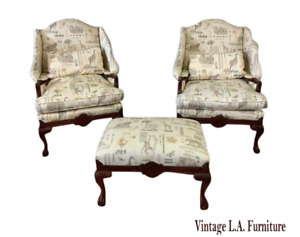 Pair Taylor King French Country Wingback Chairs Ottoman Tommy Bahama Style