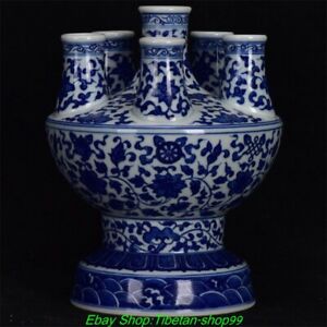 7 Qing Qianlong Blue White Porcelain Flower 8 Auspicious Symbol 6 Mouth Bottle