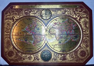 Mcm 1964 Vintage Masketeers 1628 World Map Brass And Wood Wall Metal Art 44 X 30