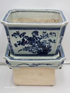 Antique Chinese Blue White Porcelain Planter Hand Painted Bird Floral Motif
