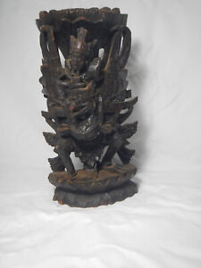 Vintage Wooden Vishnu Riding Garuda Hand Carved Wood Hindu Bali Mid 1900s Detail