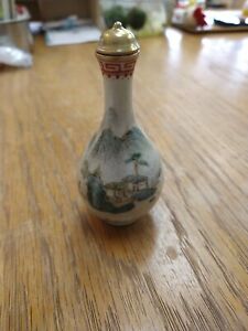 Rare Vintage Porcelain Snuff Bottle Chinese Landscape W Gold Lid 3 Hand Painted