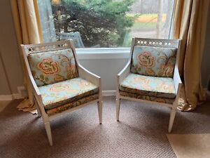 Berg Re Style French Upholstered Armchairs Wood Frame With Caned Arms
