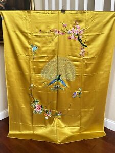Vintage Chinese Silk Hand Embroidery Textile Panel Bed Spread Peacock Flowers