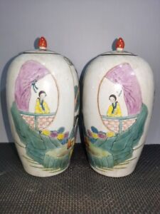 A Pair Old Chinese Porcelain Tongzhi Color Painted Beauty Story Jar Pots 8163