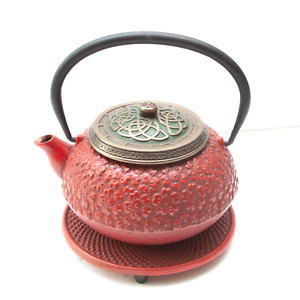 Vgt Japanese Tetsubin Cast Iron Red Teapot Floral Ornate Green Brass Lid Signed
