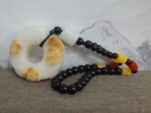 China Old Hand Carving White With Yellow Nephrite Jade Pendant With Beads Rope