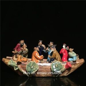 Wucai Pottery Porcelain Boat Lu Dongbin Lan Caihe Eight Taoist Gods Statue Set