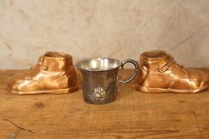 Antique Bronze Baby Shoes And Silverplate Bunny Rabbit Baby Cup