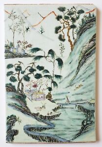 Antique 18th C Chinese Porcelain Plaque Tile With Hand Painted Landscape
