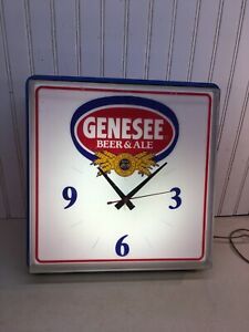 Vintage Mid Century Genesee Beer Ale Bar Light With Clock Working 15 5x15 5 X4in