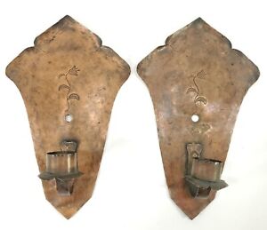 Pair Arts Crafts Mission Copper Sconces With Engraved Tulip Decoration