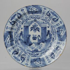 Antique 17 18th C Dutch Kraak Large Plate Charger Delftware Delft Blue Figures