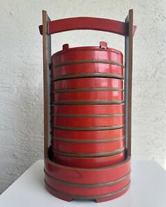 Antique Chinese Wood Bamboo Red Lacquered Stacking Food Basket Storage Lidded