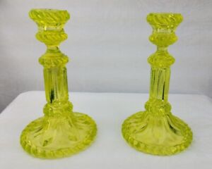 Rare Antique Canary Glass Candlestick Holder Pair Vasaline Glass Pair 9 