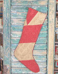 Primitive Christmas Stocking Made From Antique Quilt Red White Handmade