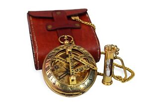 Brass Sundial Compass Vintage Pocket Style Nautical Keychain Pendant Gold