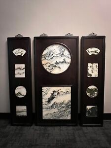 Chinese Art Set Of 3 Wall Screen Rosewood Panel With Dream Stone