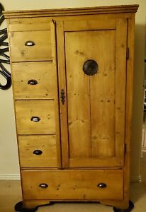 Antique English Pine Country Farmhouse Cupboard Vtg Cabinet Old Pie Safe Armoire