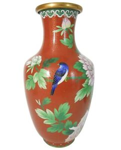 Early 20th C Chinese Vint 10 Cloisonne Decorative Vase W Flwrng Tree Bluebird