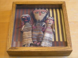 Three Pre Columbian Chancay Dolls In Shadow Box 11x11x3 Glass Ancient Textiles