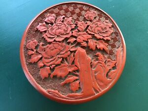 Chinese Carved Cinnabar Lacquer Box Blue Enamel Interior Vintage