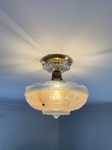 Antique Vintage Art Deco Ceiling Chandelier Glass 3 Chain Light Fixture 