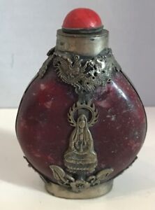 Rare Chinese Snuff Bottle Red Marble Stone Sterling Silver Religious Emblem