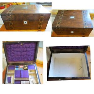 Antique Walnut Marquetry Sewing Box Inlaid Mother Pearl