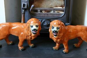 Vintage Pair Of Staffordshire Lions With Glass Eyes And Standing
