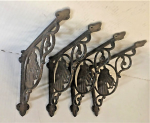 Set Of 4 Horse Head Shelf Bracket Brace Antique Rustic Brown Patina Cast Iron