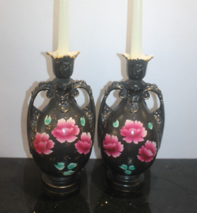 Pair Of Black And Pink Flower Victorian English Vases Candlesticks 28cm Tall