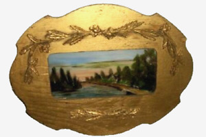 Antique French Eglomise Reverse Glass Oil Painting Scenic Trees Barbola Vines