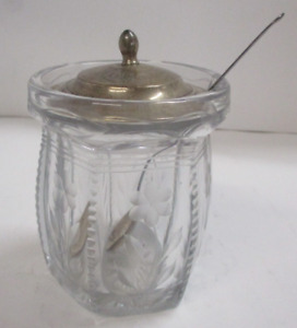 Glass Etched Jelly Jar Sterling Silver Lid With Sterling Spoon Vintage