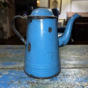 Antique Enamelware Gooseneck Blue Two Tone Primitive Lidded French Coffee Pot