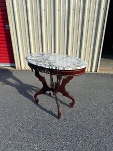 65402 Antique Victorian Walnut Marble Top Lamp Table Stand
