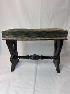 Antique Victorian Carved Wood Footstool Bench Stool Original Velvet Cushion